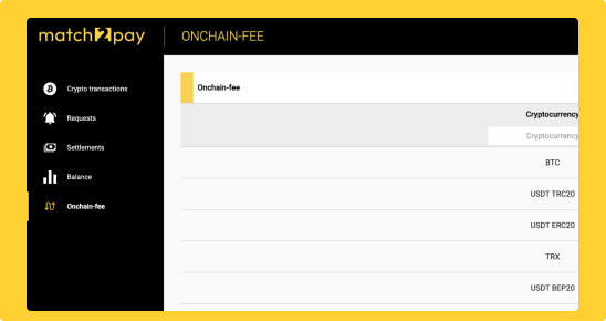 “Onchain Fee” tab in Match2Pay dashboard