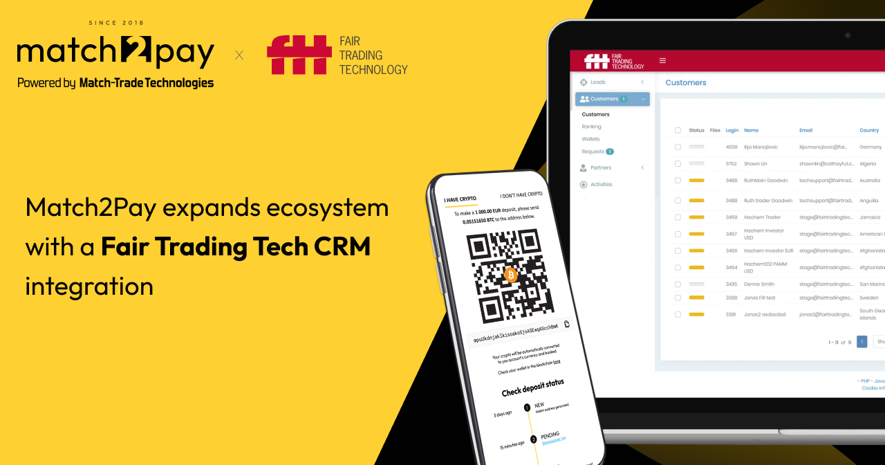 Match2Pay expands ecosystem with a Fair Trading Tech CRM integration for FX Brokers and Prop Trading Companies